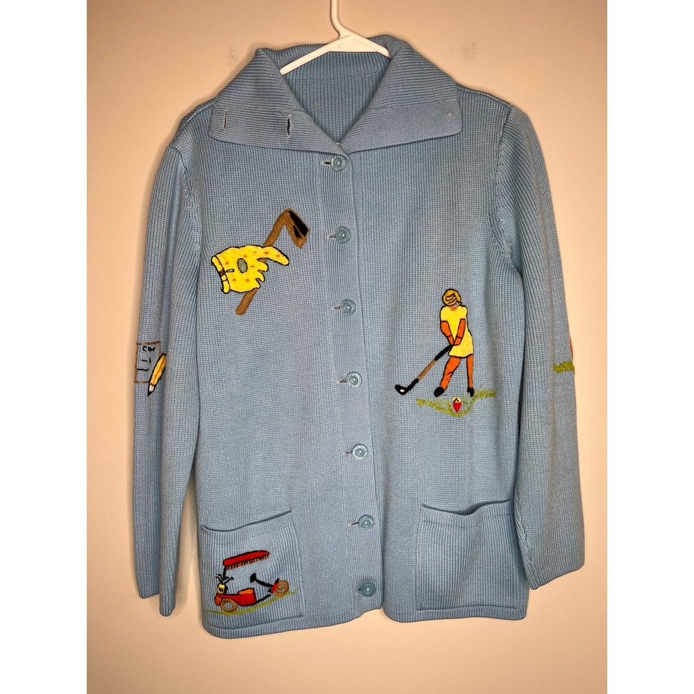 1960s Handmade Embroidered Blue Golfing Golf Carts Novelty Shawl Cardigan L
